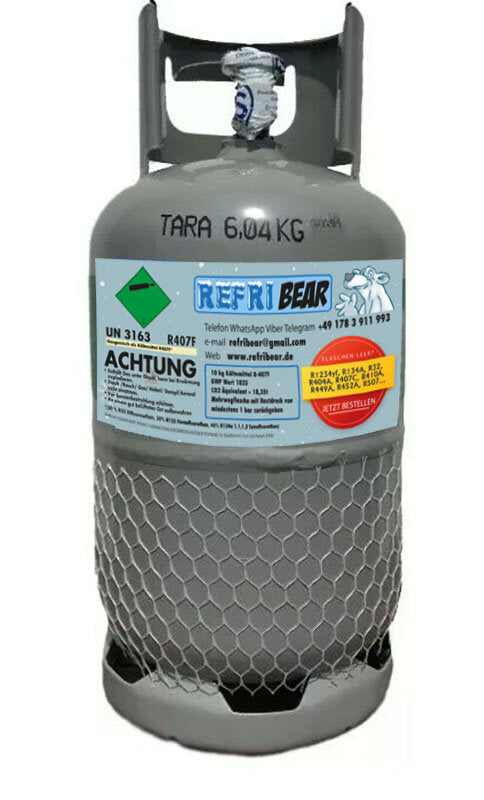 KälteGas Shop R-407F 10 kg in robuster Eigentumsflasche Mehrweg Stahl 12,5 L für Kältetechnik